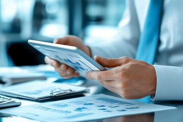 Obraz premium Closeup of businessperson working with tablet displaying financial reports 