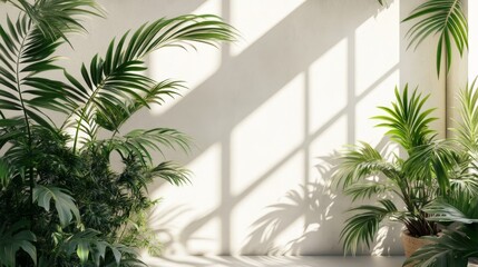 Fototapeta premium Minimalist Luxury Interior Featuring a Blank Concrete Wall and Tropical Garden. Modern Room with Green Palm Trees and Sophisticated Architectural Design for a Natural and Elegant Living Space
