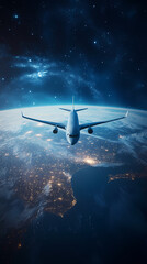 Naklejka premium In the sky, an airplane is flying over the earth.