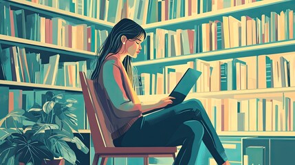 Woman using laptop in a library, surrounded by bookshelves and plants.