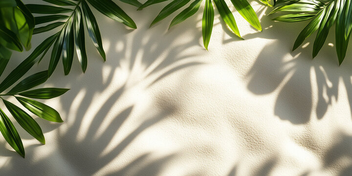 Sfondo bianco con sabbia bianca e piante verdi tropicali accanto. Spazio per immagine testo o messaggio.