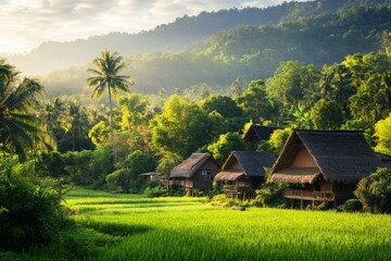 Sunrise illuminates traditional houses nestled in lush green rice paddies and tropical jungle.