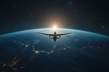 Naklejka premium In the sky, an airplane is flying over the earth.