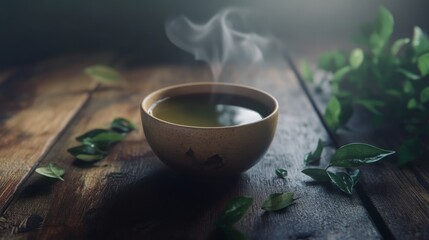 9.Refreshing green tea in a small, ceramic cup with gentle steam rising; scattered fresh tea leaves and subtle wooden textures create a cozy, inviting scene.