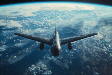 Fototapeta premium In the sky, an airplane is flying over the earth.