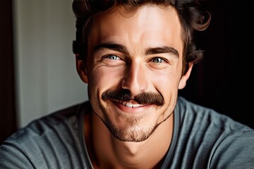 20 a close up of a young caucasian man with a mustache looking p