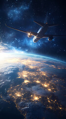 Naklejka premium In the sky, an airplane is flying over the earth.