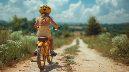 A child riding a yellow bicycle on a sunny dirt road surrounded by greenery.