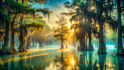 Obraz premium misty dawn illuminates serene swamp, with cypress trees reflecting in tranquil water. golden light creates magical atmosphere, enhancing natural beauty