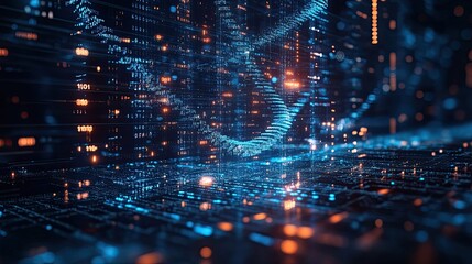 Blue Background DNA Double Helix Digital Network Medical Research Concept Showcasing How AI Transforming Genetic Research Medical Advancements Data Analysis Healthcare Innovations