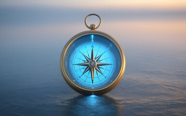 A glowing compass, surrounded by soft blue and gold light, floating against a misty horizon