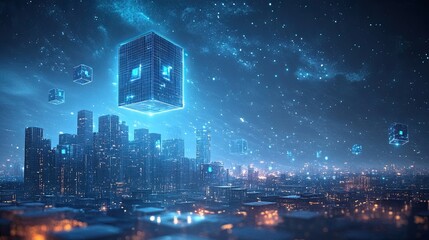 Blue Futuristic Technology Background Cubes Hi Tech City Representing Intersection Blockchain Technology Smart Cities Future Urban Development Powered Decentralized Tech