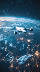 Obraz premium In the sky, an airplane is flying over the earth.