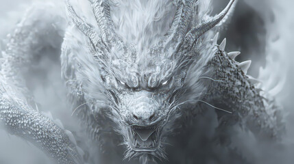 A fierce, white dragon emerges from swirling clouds, showcasing mythical power and majesty.