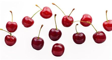 Falling Cherry with Full Depth of Field on White Background