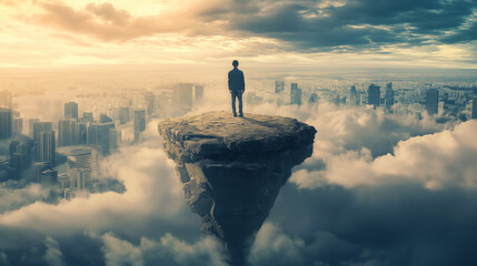 Man standing on a floating rock above the clouds overlooking a surreal futuristic cityscape