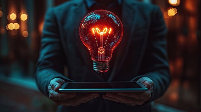 Businessman Glowing Lightbulb businessman holding iPad glowing red lightbulb symbolizing creative ideas innovation forward thinking leadership