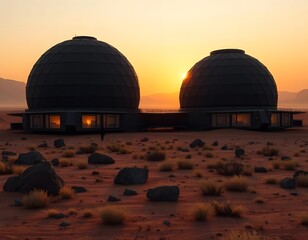 Obraz premium Futuristic Domes in a Desolate Desert Sunrise