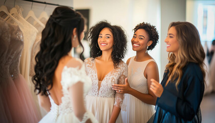Obraz premium Bride, friends and women in wedding dress, shop or boutique with smile, happy and bride. Dress, shopping and diverse group with preparation, marriage or fashion for event, engagement