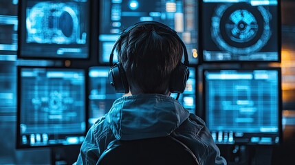 Child Dressed Cybersecurity Analyst Monitoring Network Security Multiple Screens Symbolizing Next Generation Digital Defenders Empowered Protect Systems from Emerging Cyber Threats Risks