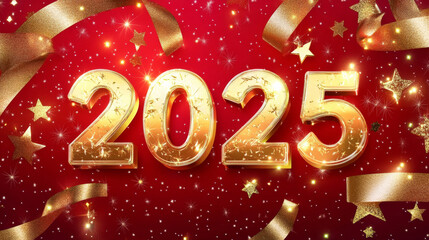 Golden 2025 numbers on festive red background with stars and ribbons, celebrating New Year with joy and excitement