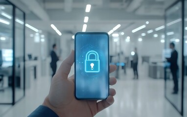 A smartphone in a person s hand displaying a digital padlock icon, signifying cybersecurity and online privacy, set in a clean, modern office, ultradetailed, 4K