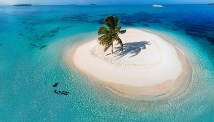Beautiful tiny little tropical island with a palmtree and white sandy beach surrounded by the ocean water