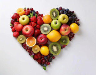 Beautiful fruit pieces in the shape of a heart in a white studio background