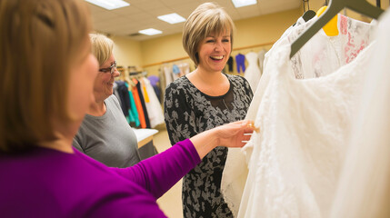 Women, dress and shopping with friends, bridal and bride for fashion, choice or event. People, happy and diverse group in store with gown, preparation or marriage for celebration and love