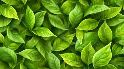 74.Delicate seamless pattern of tea leaves in a repeating vector design; vibrant green leaves with detailed veins and shading effects, creating a realistic yet stylized look that flows naturally