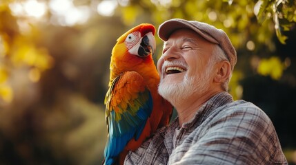 Elderly man and his parrot sitting on his lap