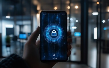 A digital lock symbol glowing on a smartphone screen, held by a person in a modern office, representing mobile security and privacy protection, sleek and highresolution, 8K