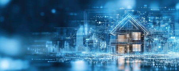 Smart home technology concept with digital blueprint overlay showing connected house automation. Blue glowing circuit patterns and data visualization on a futuristic architectural design. 8k banner