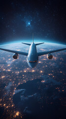 Fototapeta premium In the sky, an airplane is flying over the earth.