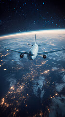 Obraz premium In the sky, an airplane is flying over the earth.