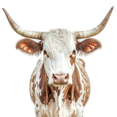 Texas Longhorn cow, front view cattle portrait isolated on white background.