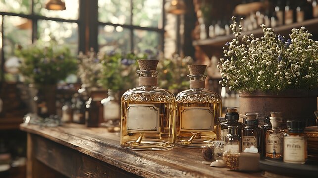 Two Amber Bottles of Perfume Sit on Wooden Counter