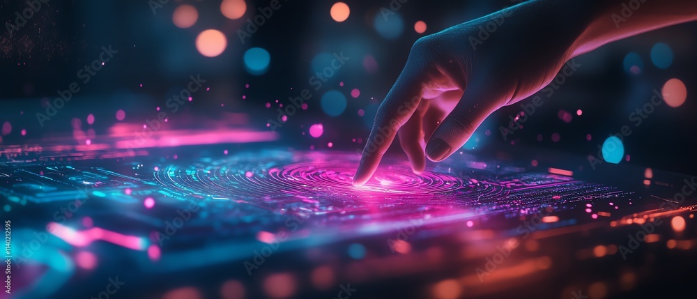 Poster a person interacting with a futuristic touchscreen display using a stylus, featuring dynamic biometr