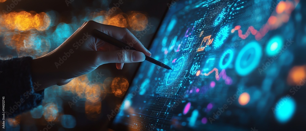 Poster a person interacting with a futuristic touchscreen display using a stylus, featuring dynamic biometr