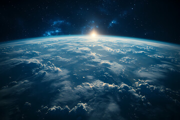 Fototapeta premium In the sky, an airplane is flying over the earth.