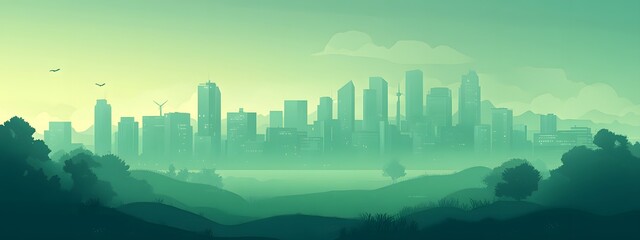 Green city with sustainable energy, a flat vector illustration on a green background.