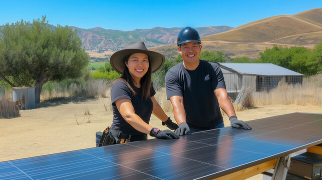 Couple, panels and asian team with solar, energy and roof for install, work and renewable. Man, woman and diverse people with power, electric or industry with alternative, green and environment - Powered by Adobe