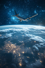 Fototapeta premium In the sky, an airplane is flying over the earth.