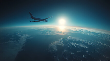 In the sky, an airplane is flying over the earth.