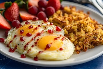 A delicious breakfast plate featuring eggs, hash browns, and fresh fruit.
