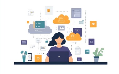 A person multitasking with a smartphone and laptop, digital security icons displaying cloud data protection and secure file management, modern workspace, highresolution