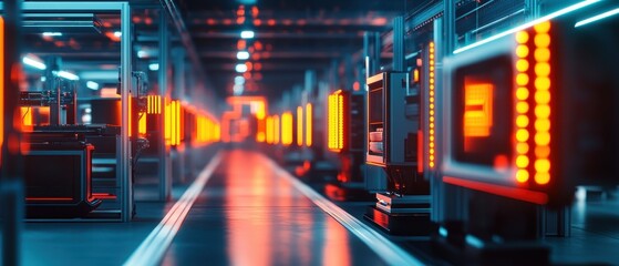 Obraz premium A robotic arm is seen working autonomously in a high-tech facility. The corridor is illuminated with blue lights, creating a modern and sterile atmosphere. Equipment is neatly arranged.