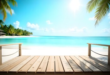 Fototapeta premium Wooden dock overlooking a tropical beach with turquoise water and palm trees in the background