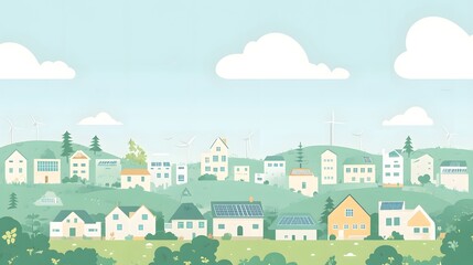 Green city with sustainable energy, a flat vector illustration on a green background.