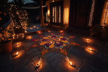 Obraz premium Festive Diwali Night with Rows of Lit Diyas and Lanterns.